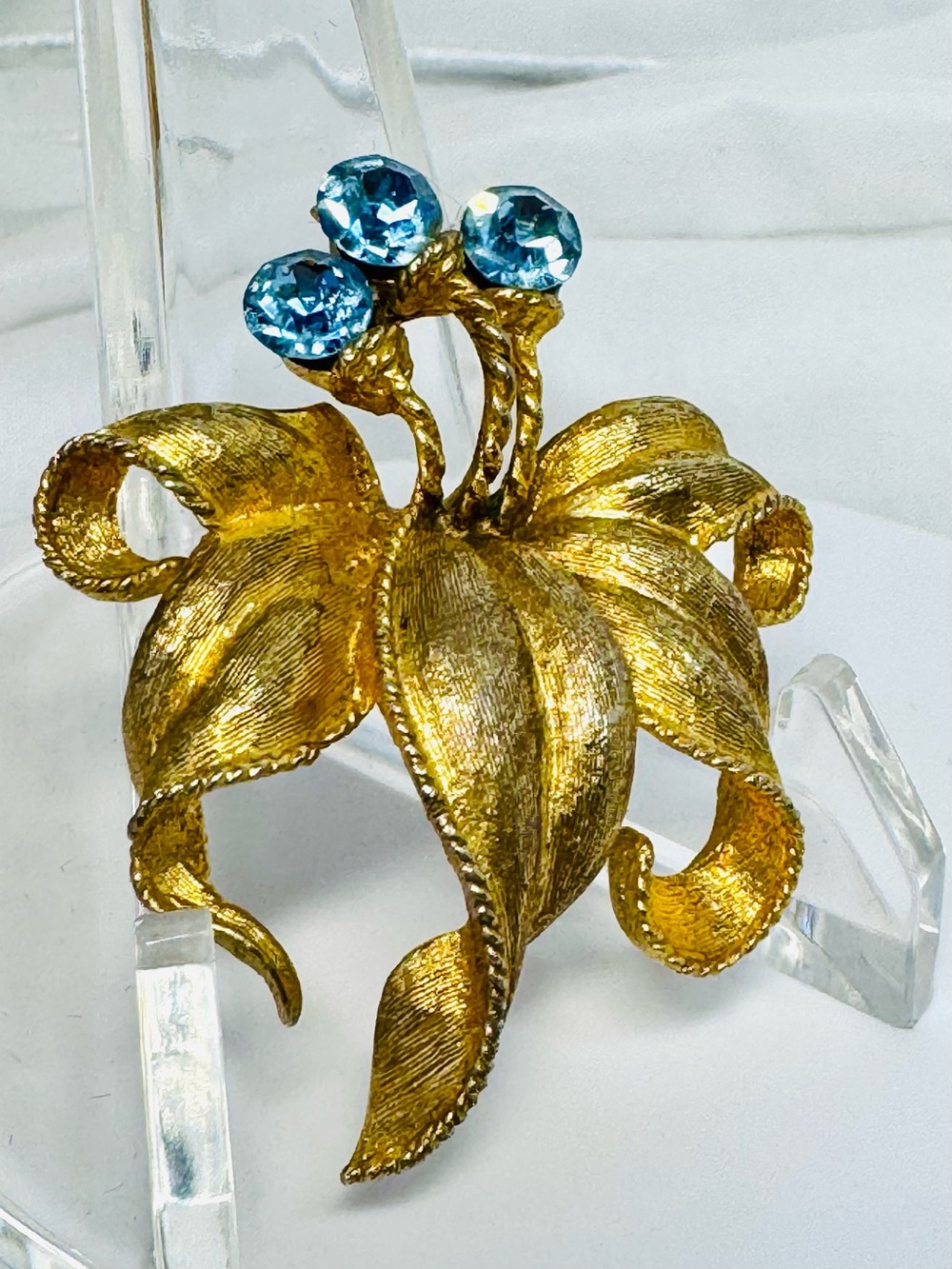 Vintage Mamselle Gold Leaf Floral Brooch with Blue Rhinestones -extraordinary!